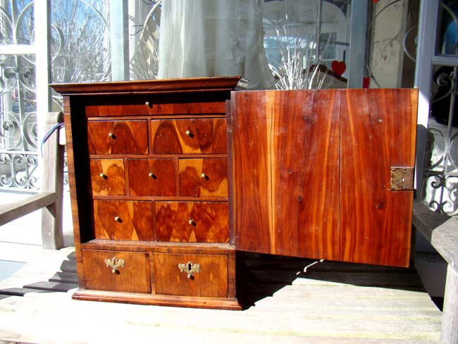 A fabulous English Queen Anne Period plumwood spice cabinet with inscription circa 1710 — image 2